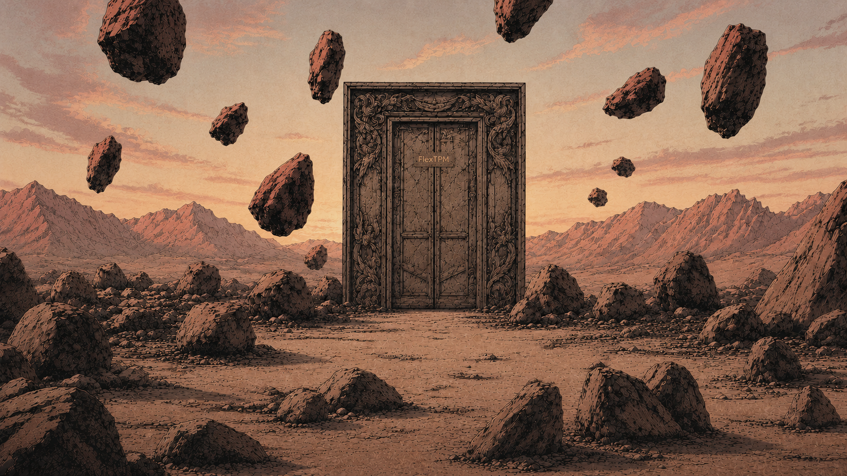 Illustrated FlexTPM validation gate in a rocky desert landscape